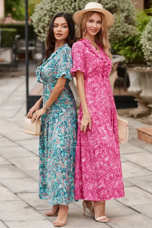 Sky blue paisley print boho holiday ruffle tiered maxi dress - dresses