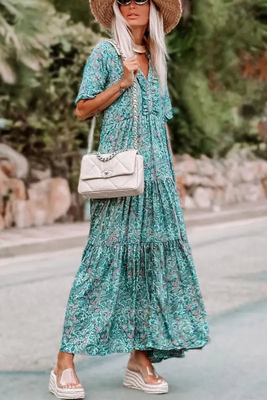 Sky blue paisley print boho holiday ruffle tiered maxi dress - dresses