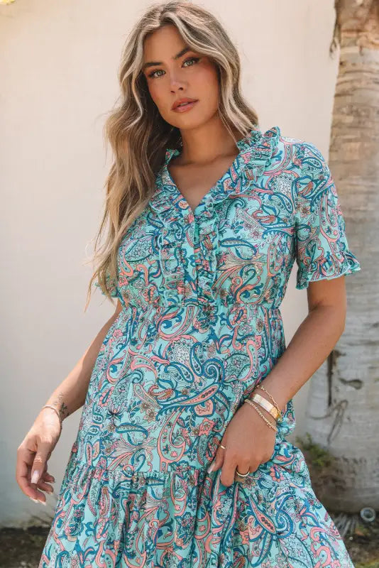 Sky blue paisley print boho holiday ruffle tiered maxi dress - dresses