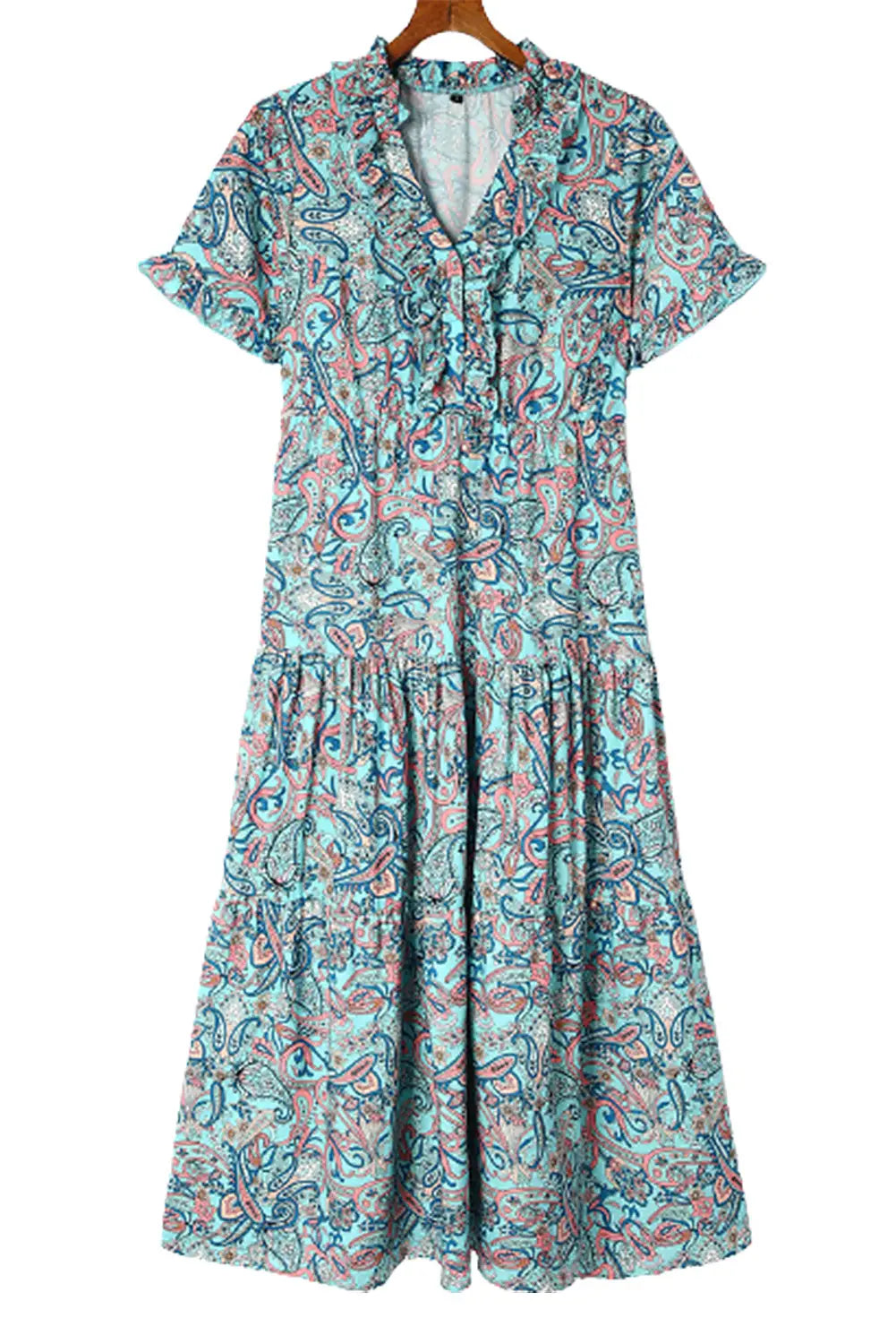 Sky blue paisley print boho holiday ruffle tiered maxi dress - dresses