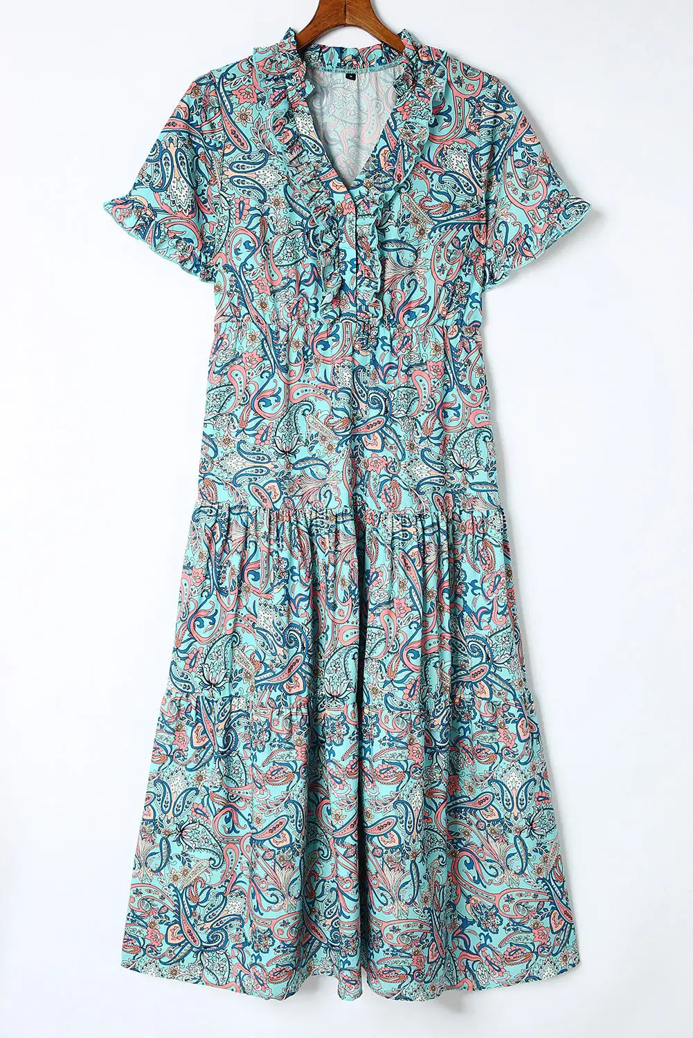 Sky blue paisley print boho holiday ruffle tiered maxi dress - dresses