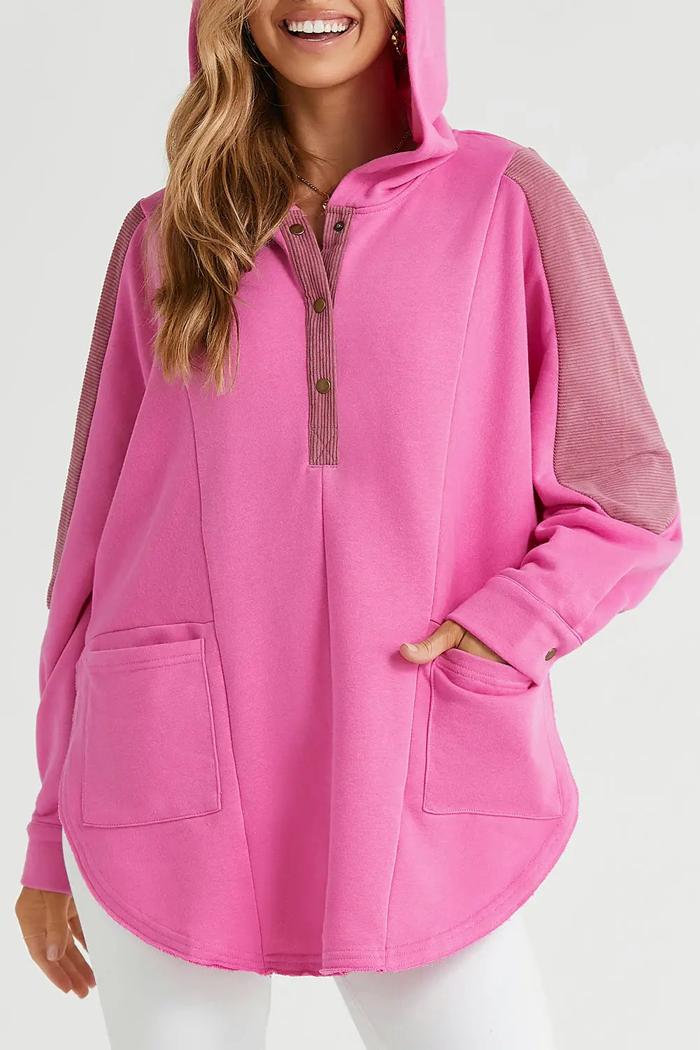 Sky blue patchwork side pockets oversized henley hoodie - rose / s / 65% polyester + 35% cotton - sweatshirts & hoodies