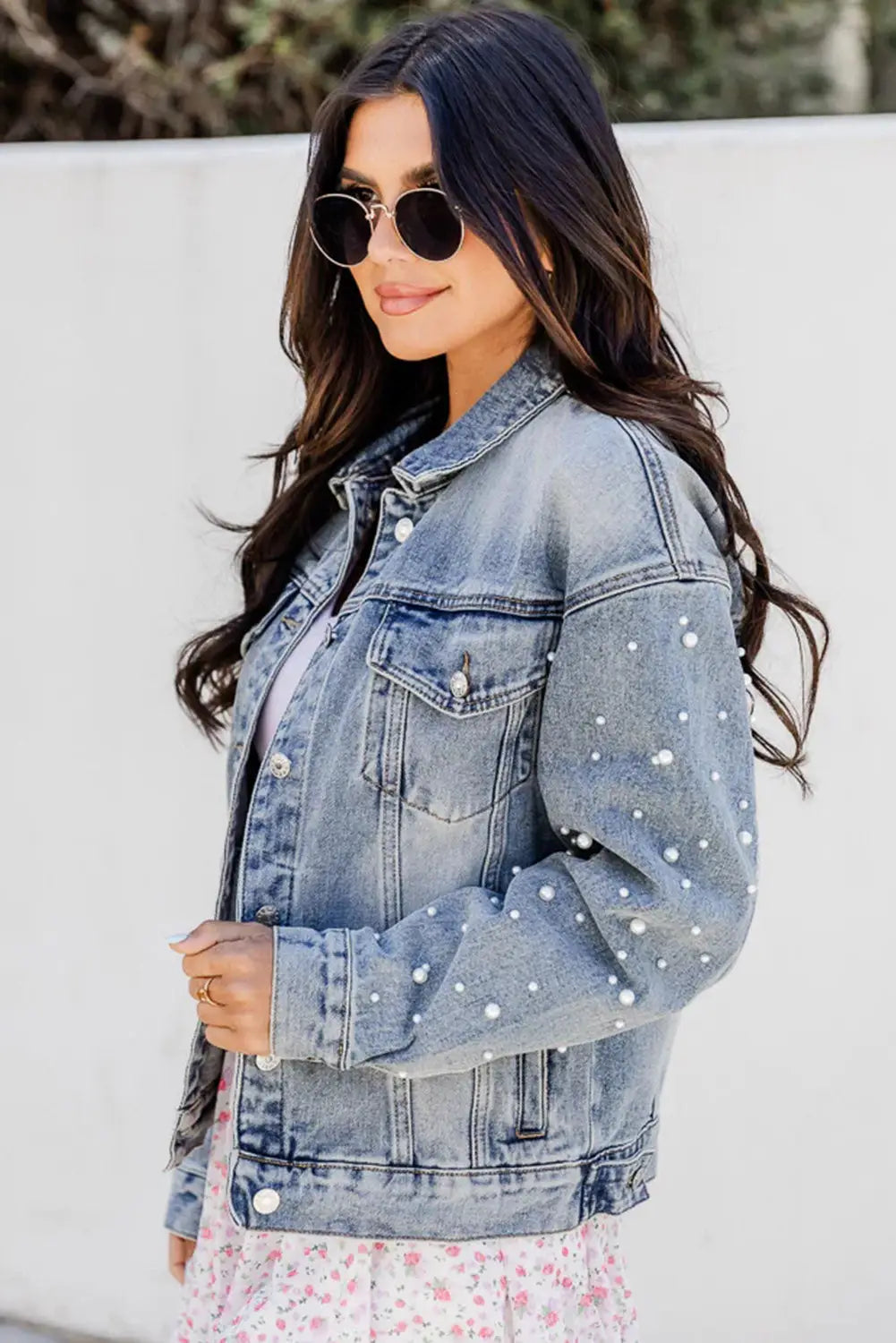 Sky blue pearl beaded chest pockets buttoned denim jacket -