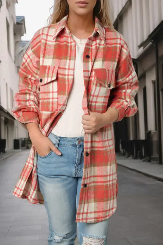 Jackets sky blue plaid flap pocket long sleeve shacket