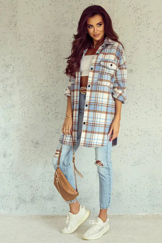 Jackets sky blue plaid flap pocket long sleeve shacket