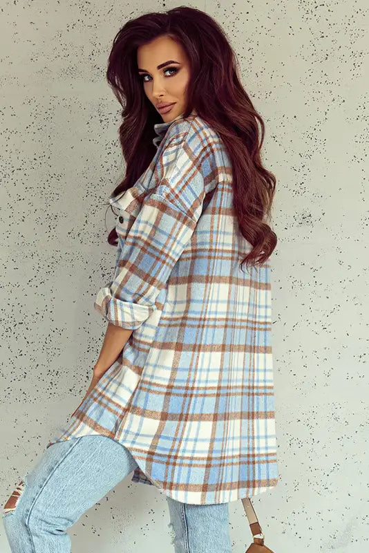 Jackets sky blue plaid flap pocket long sleeve shacket