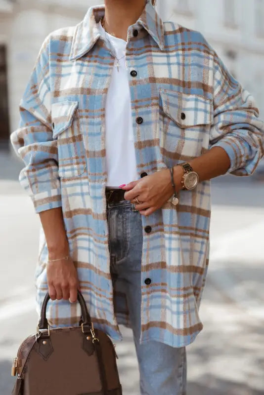 Jackets sky blue plaid flap pocket long sleeve shacket