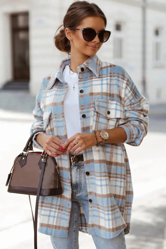 Jackets sky blue plaid flap pocket long sleeve shacket