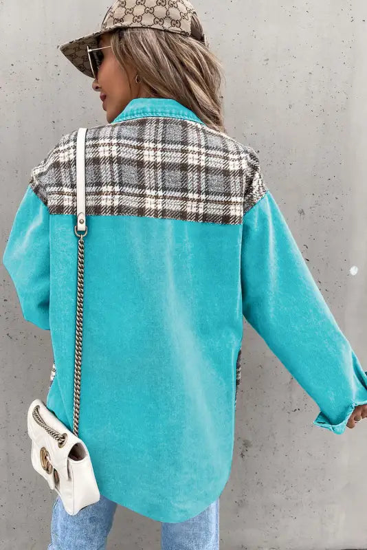 Sky blue plaid patchwork pockets denim jacket - outerwear