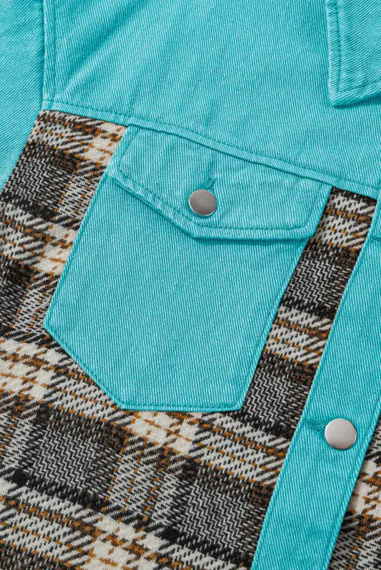 Sky blue plaid patchwork pockets denim jacket - outerwear