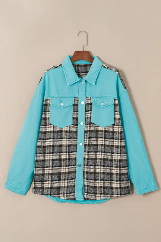 Sky blue plaid patchwork pockets denim jacket - outerwear