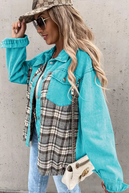 Sky blue plaid patchwork pockets denim jacket - outerwear