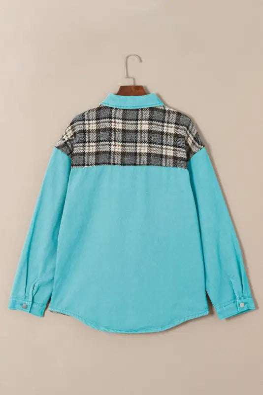 Sky blue plaid patchwork pockets denim jacket - outerwear