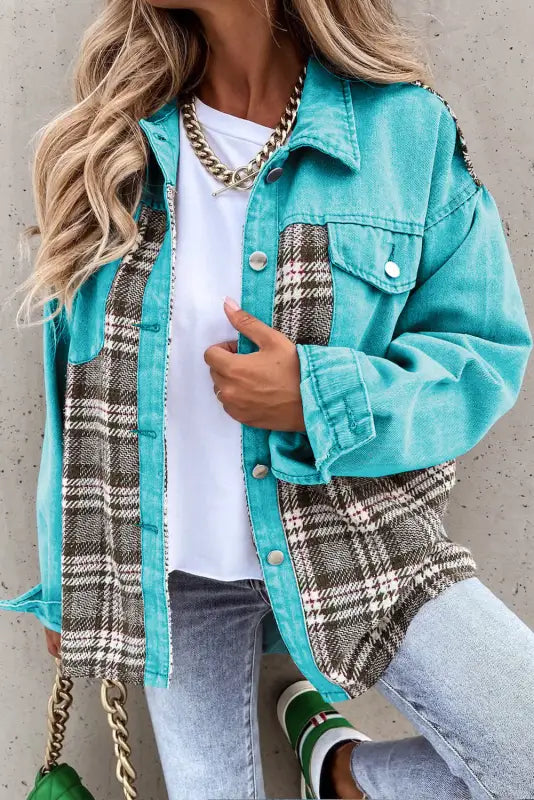 Sky blue plaid patchwork pockets denim jacket - s / 100% cotton - outerwear