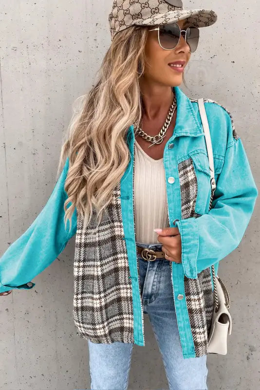 Sky blue plaid patchwork pockets denim jacket - outerwear