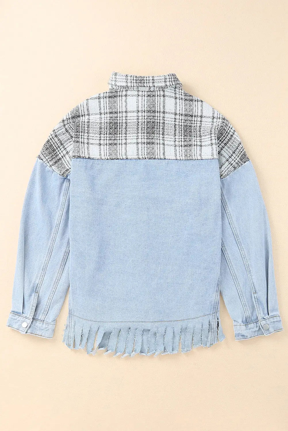 Sky blue plaid patchwork fringed flap pockets denim jacket - outerwear