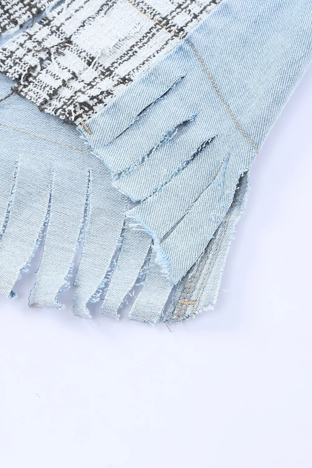 Sky blue plaid patchwork fringed flap pockets denim jacket -