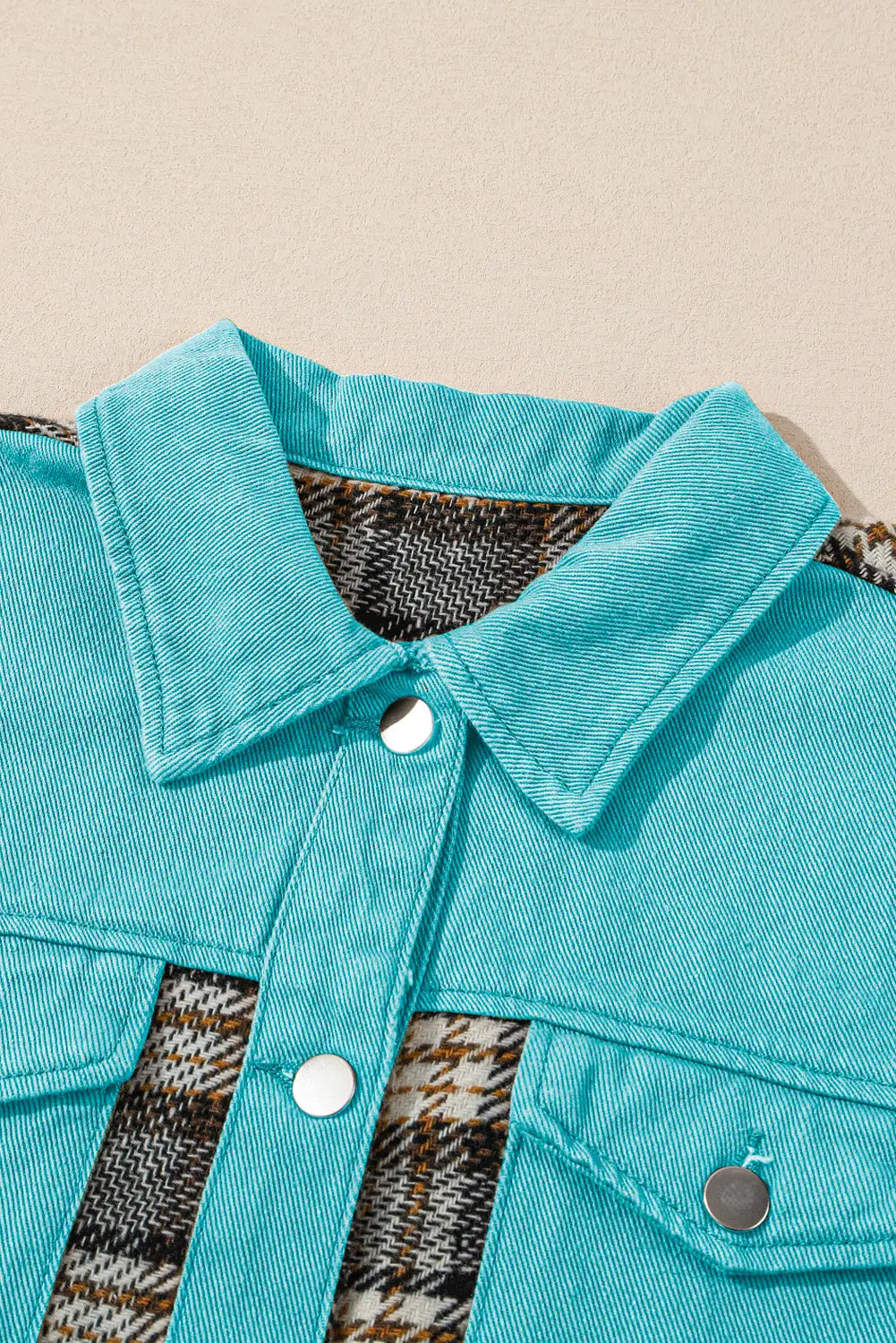 Sky blue plaid patchwork pockets denim jacket - outerwear