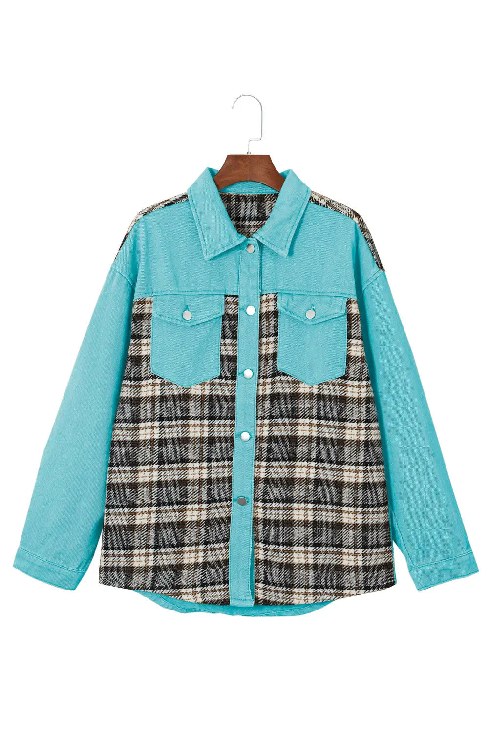 Sky blue plaid patchwork pockets denim jacket - outerwear