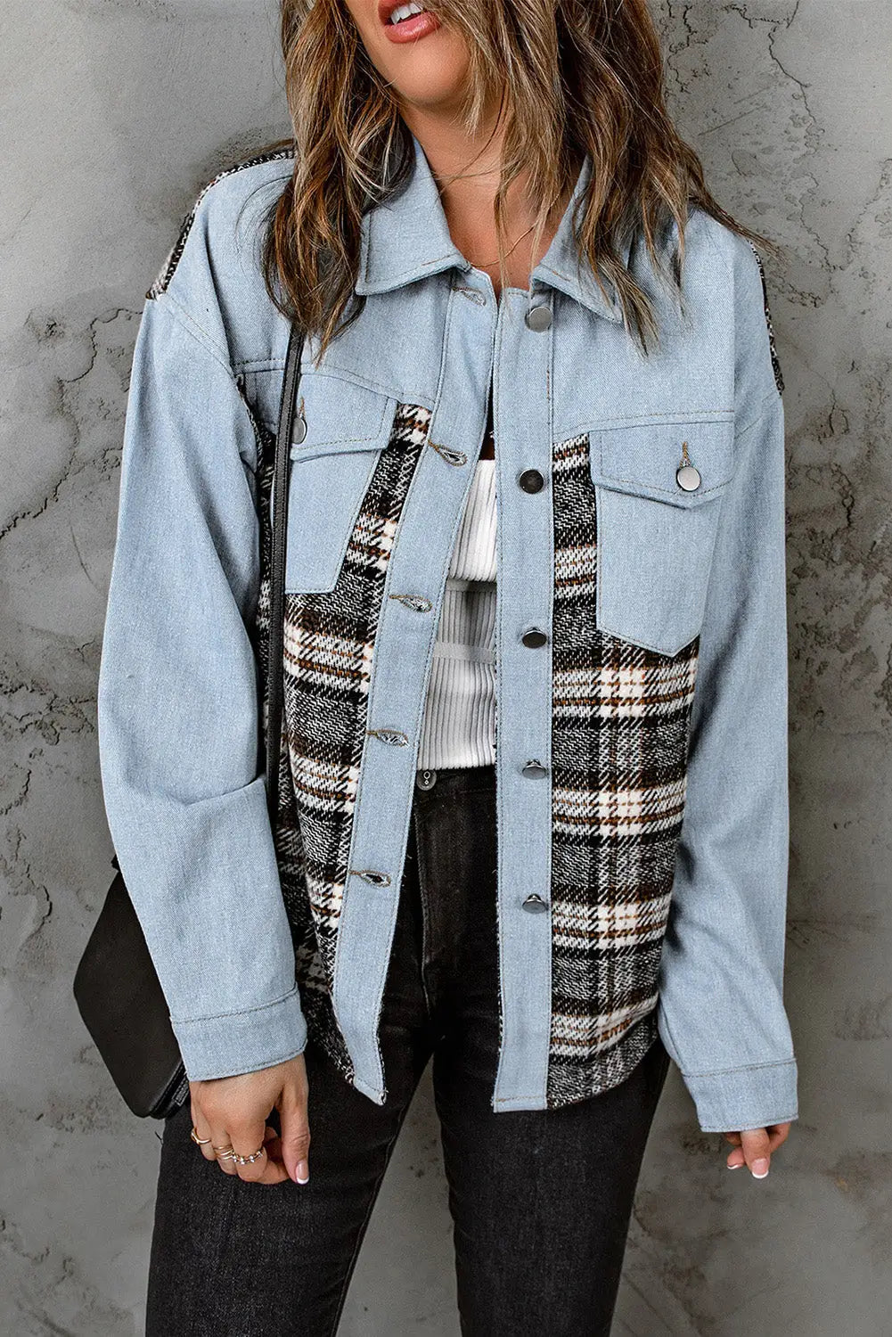 Sky blue plaid patchwork raw hem denim jacket - s / 75% cotton + 25% polyester - outerwear