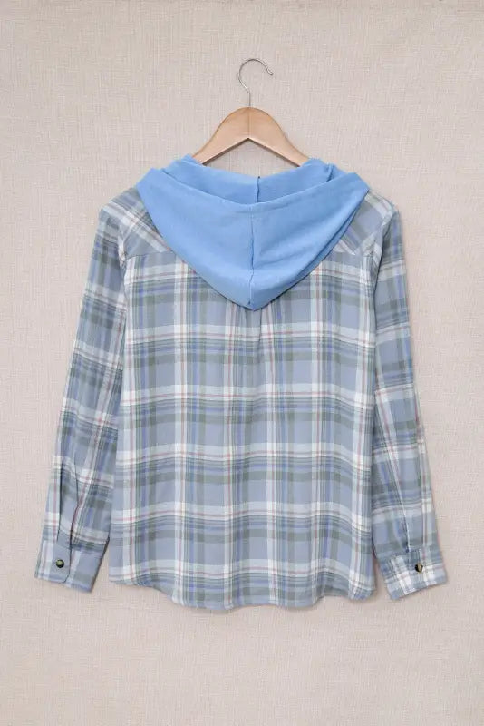 Sky blue plaid print pocket drawstring hooded jacket - hood jackets