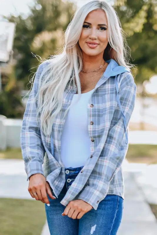 Sky blue plaid print pocket drawstring hooded jacket - hood jackets