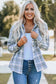 Sky blue plaid print pocket drawstring hooded jacket - hood jackets