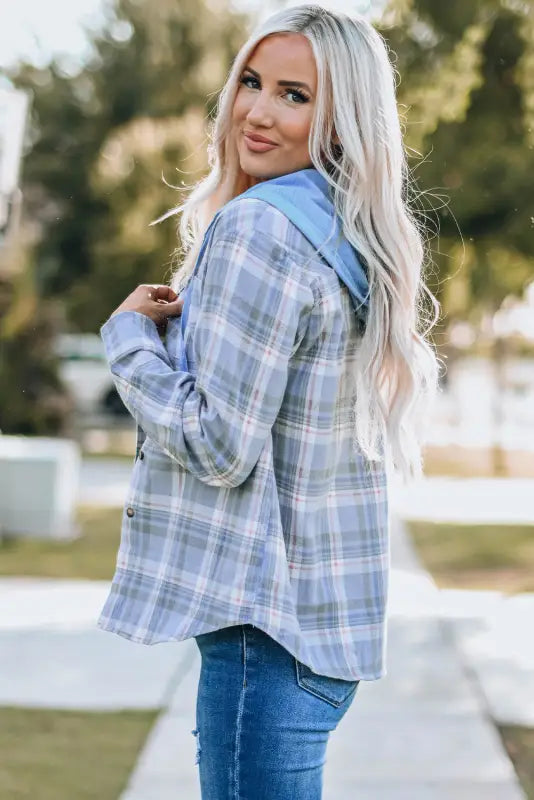 Sky blue plaid print pocket drawstring hooded jacket - hood jackets