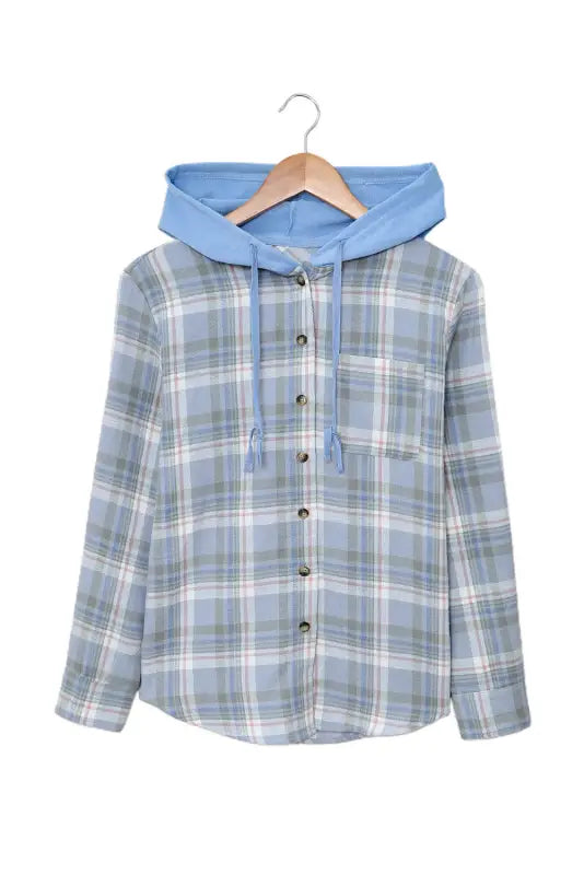 Sky blue plaid print pocket drawstring hooded jacket - hood jackets