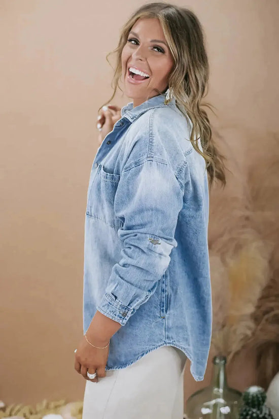 Sky Blue Plus Size Chest Pocket Button-Up Denim Shacket - Fashionfitz