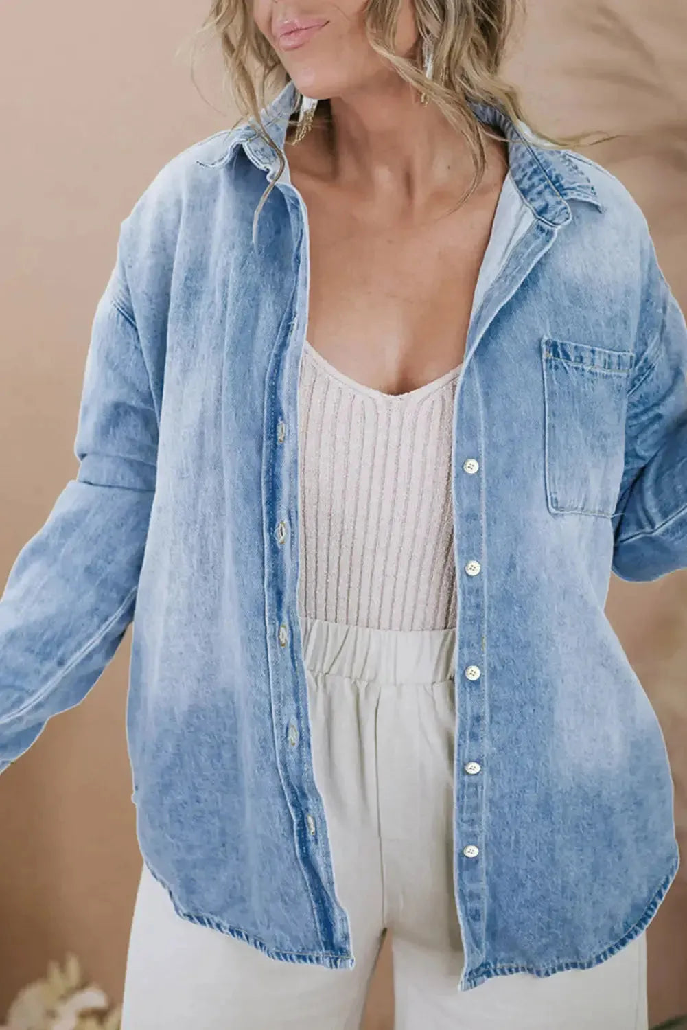 Sky Blue Plus Size Chest Pocket Button-Up Denim Shacket - Fashionfitz