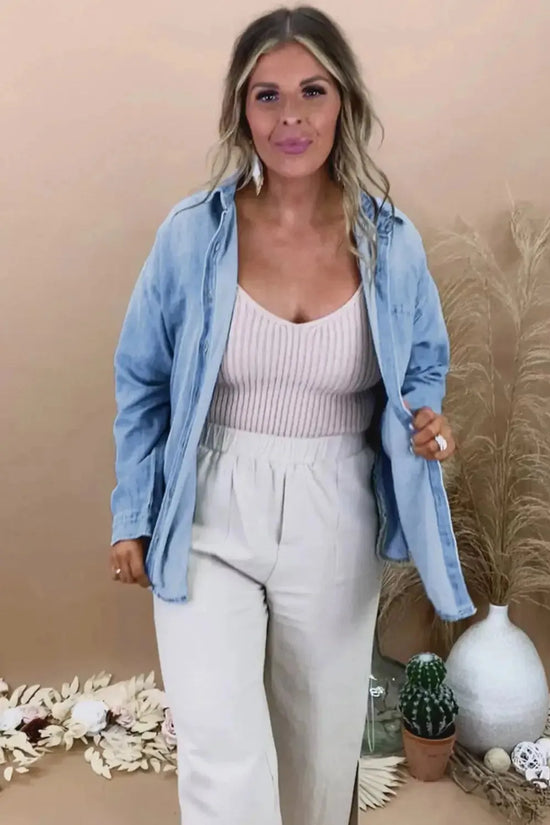 Sky Blue Plus Size Chest Pocket Button-Up Denim Shacket - Fashionfitz
