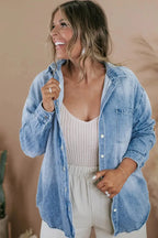 Sky Blue Plus Size Chest Pocket Button-Up Denim Shacket - Fashionfitz