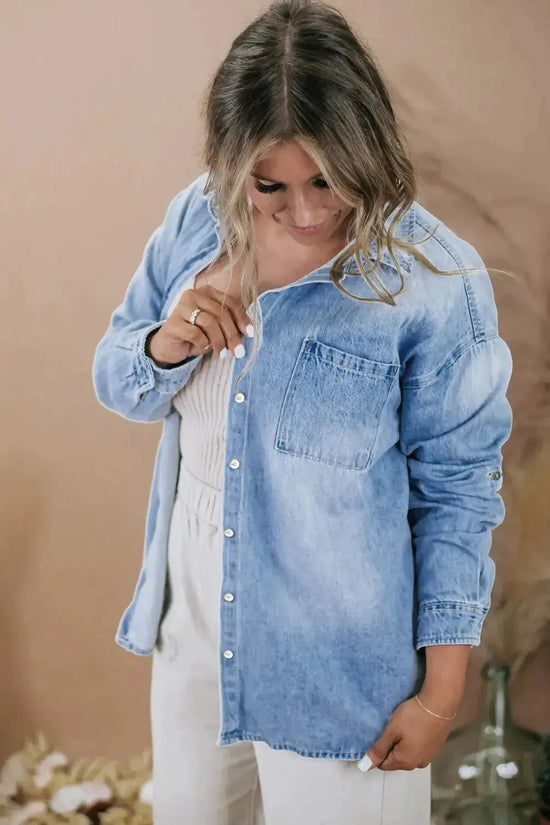 Sky Blue Plus Size Chest Pocket Button-Up Denim Shacket - Fashionfitz