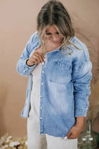 Sky Blue Plus Size Chest Pocket Button-Up Denim Shacket - Fashionfitz