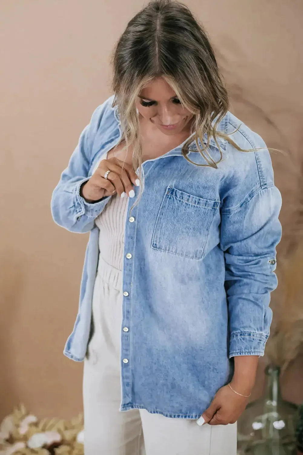 Sky Blue Plus Size Chest Pocket Button-Up Denim Shacket - Fashionfitz