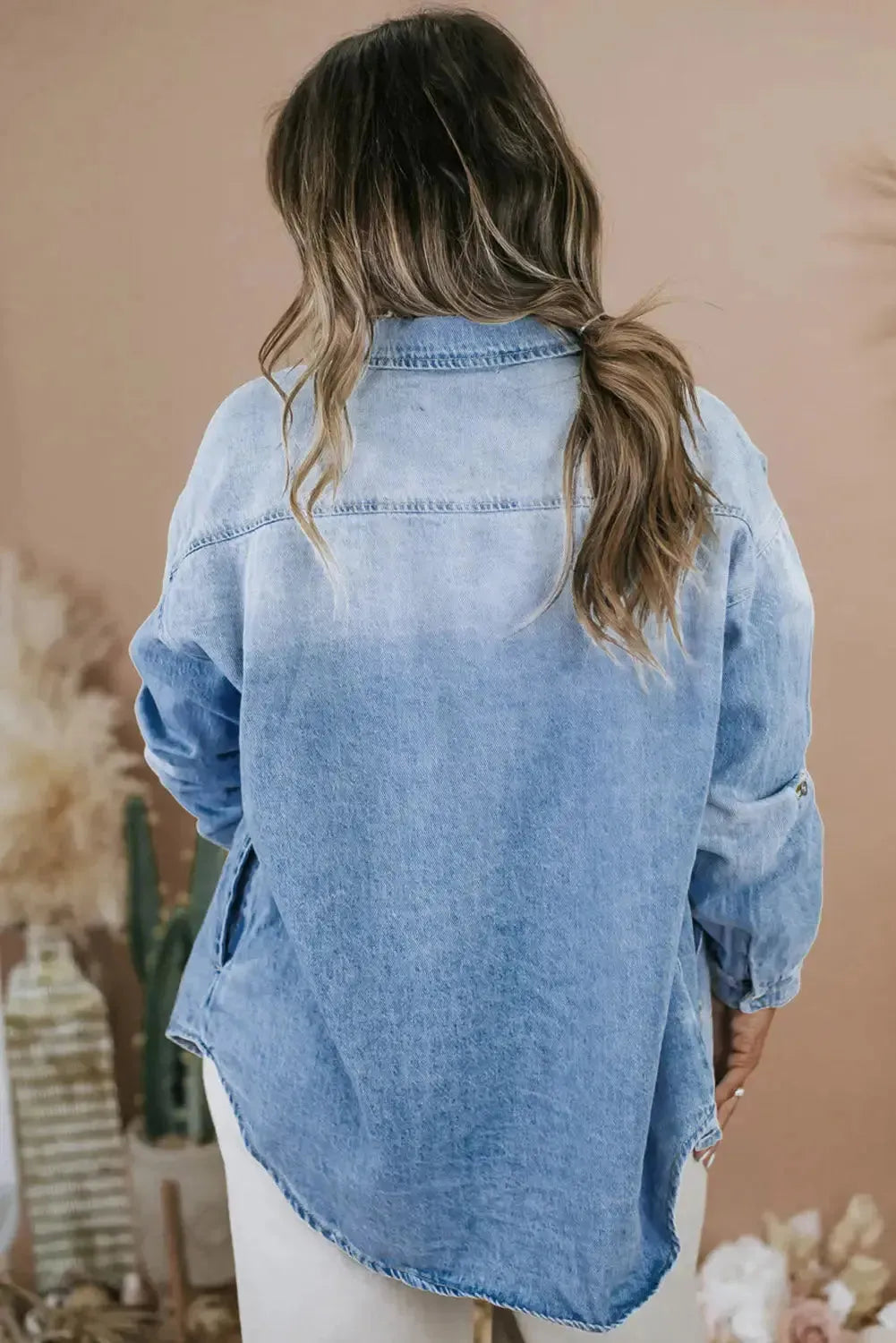 Sky Blue Plus Size Chest Pocket Button-Up Denim Shacket - Fashionfitz