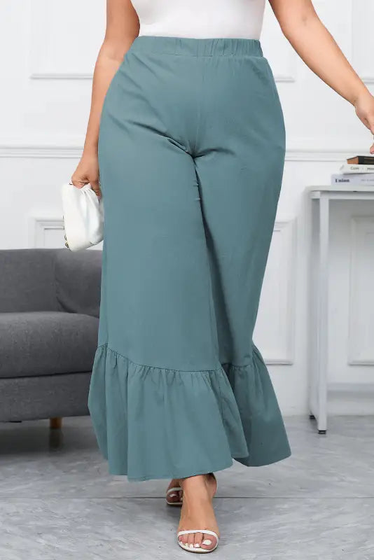 Sky blue plus size high waist ruffle patchwork wide leg pants