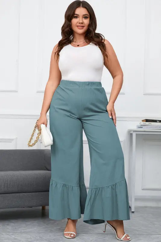 Sky blue plus size high waist ruffle patchwork wide leg pants