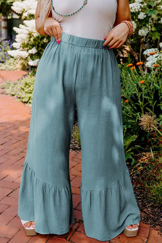 Sky blue plus size high waist ruffle patchwork wide leg pants - 1x / 100% cotton