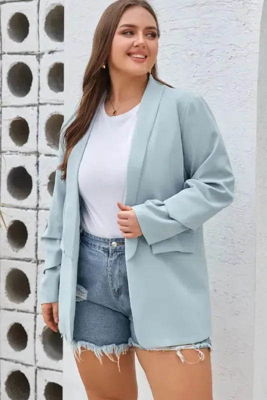 Sky Blue Plus Size Soft Lightweight Pocketed Lapel Blazer - Fashionfitz