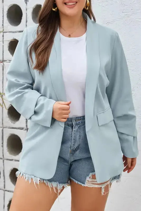 Sky Blue Plus Size Soft Lightweight Pocketed Lapel Blazer - Fashionfitz