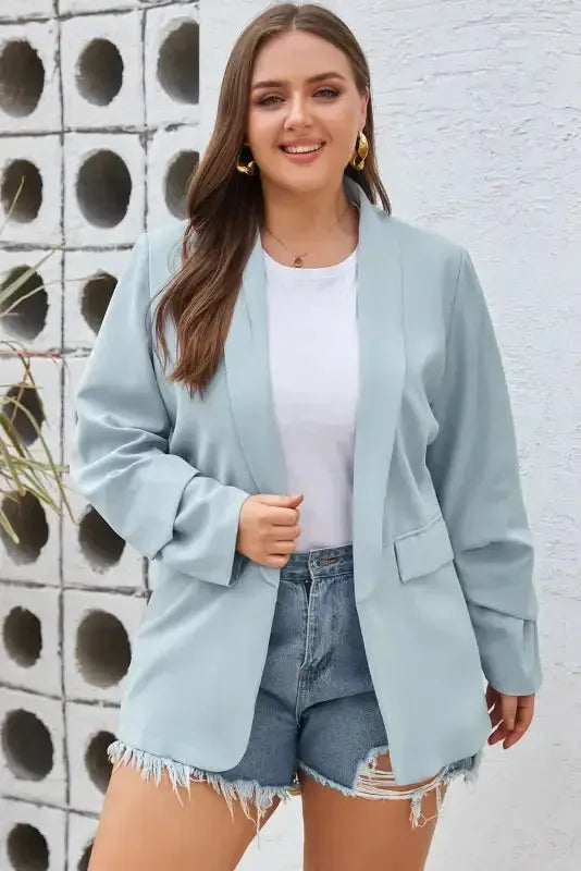 Sky Blue Plus Size Soft Lightweight Pocketed Lapel Blazer - Fashionfitz