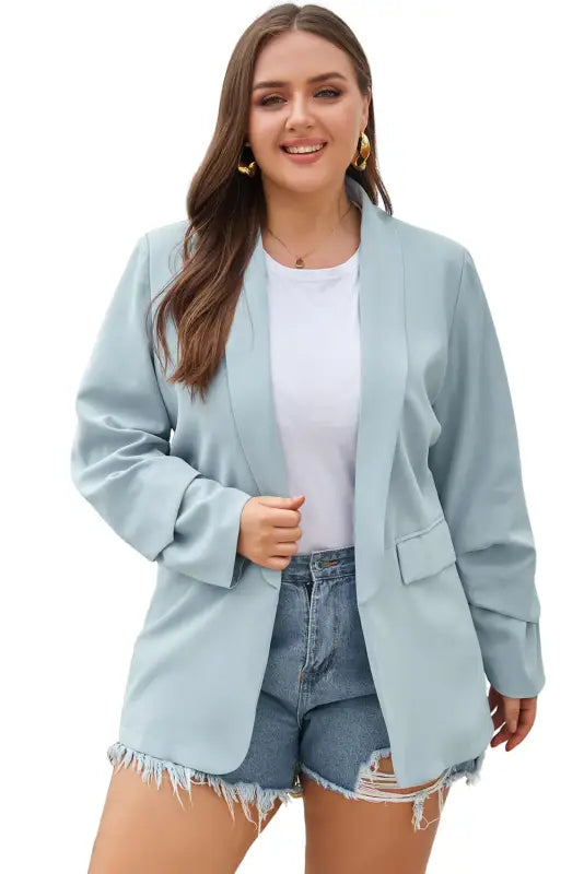 Sky blue plus size soft lightweight pocketed lapel blazer