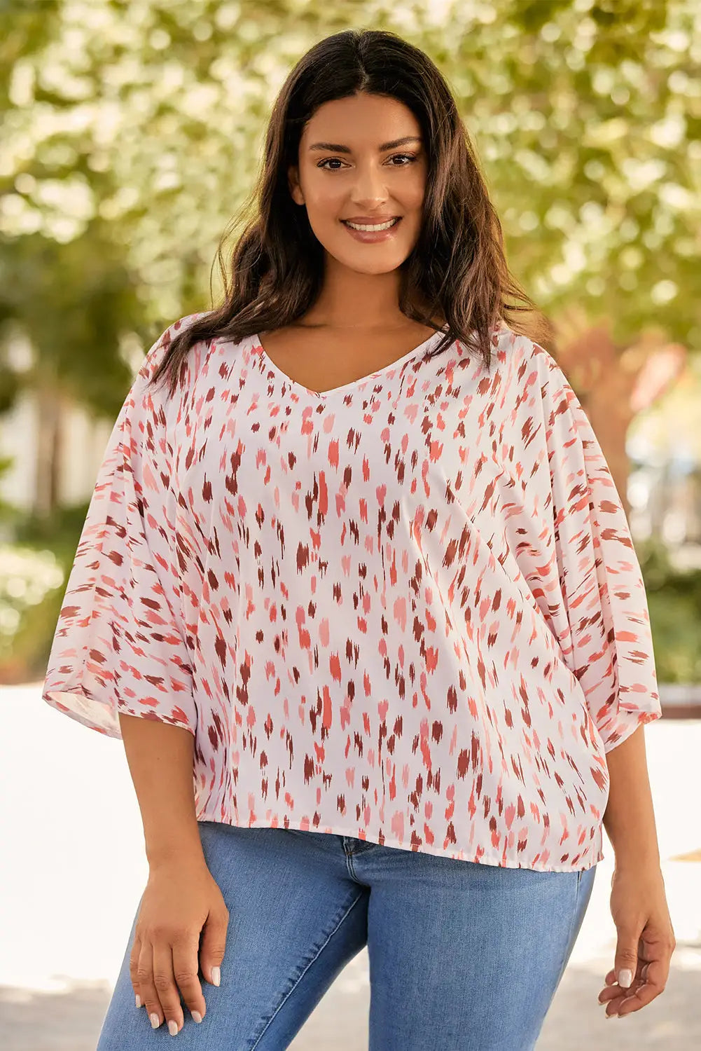 Sky blue printed 3/4 dolman sleeve plus size blouse - pink / 1x / 100% polyester