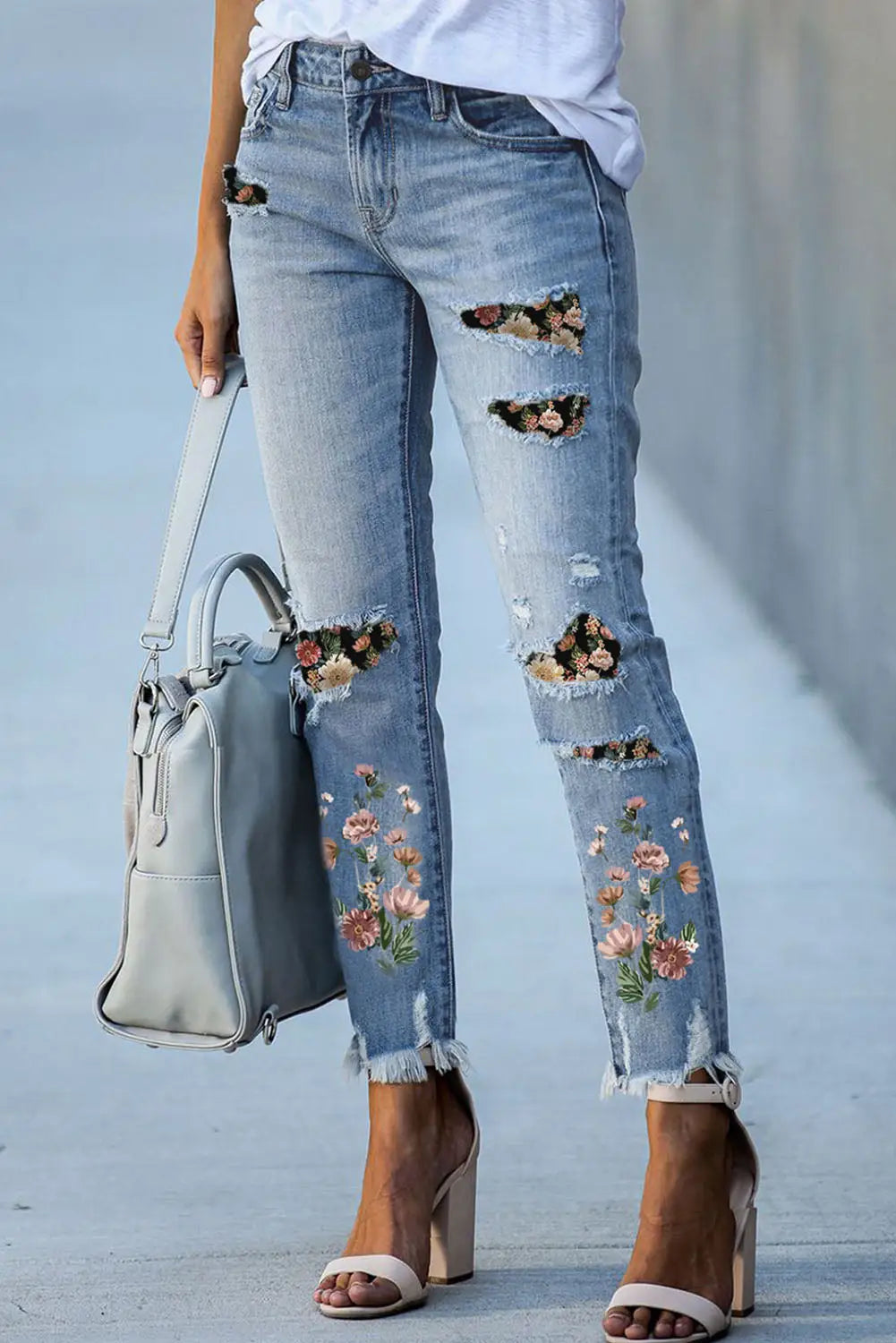 Sky blue printed patch ripped skinny jeans - blue-8 / s /