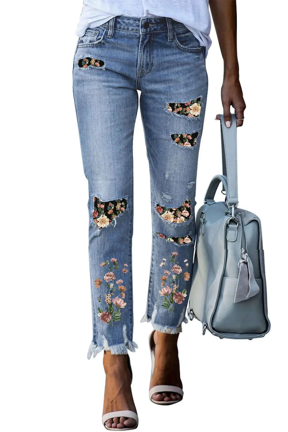 Sky blue printed patch ripped skinny jeans