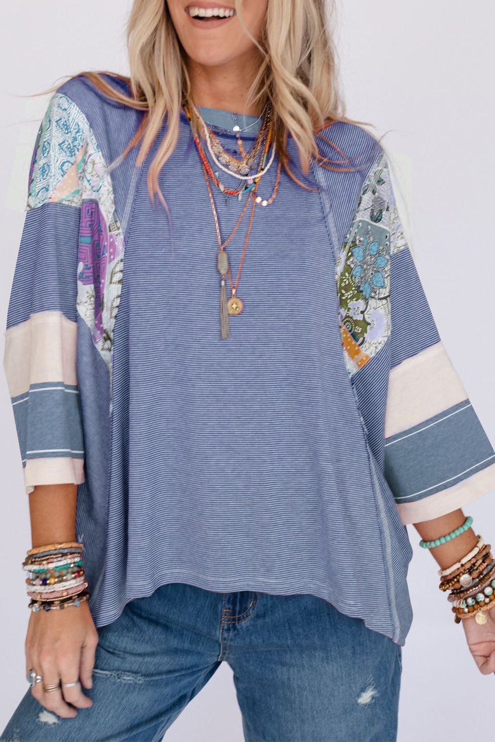Sky blue printed pinstriped color block patchwork oversized top - l / 95% polyester + 5% elastane - long sleeve tops