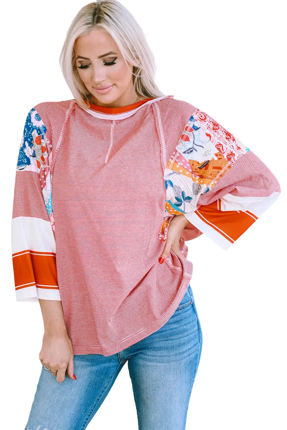 Sky blue printed pinstriped color block patchwork oversized top - long sleeve tops