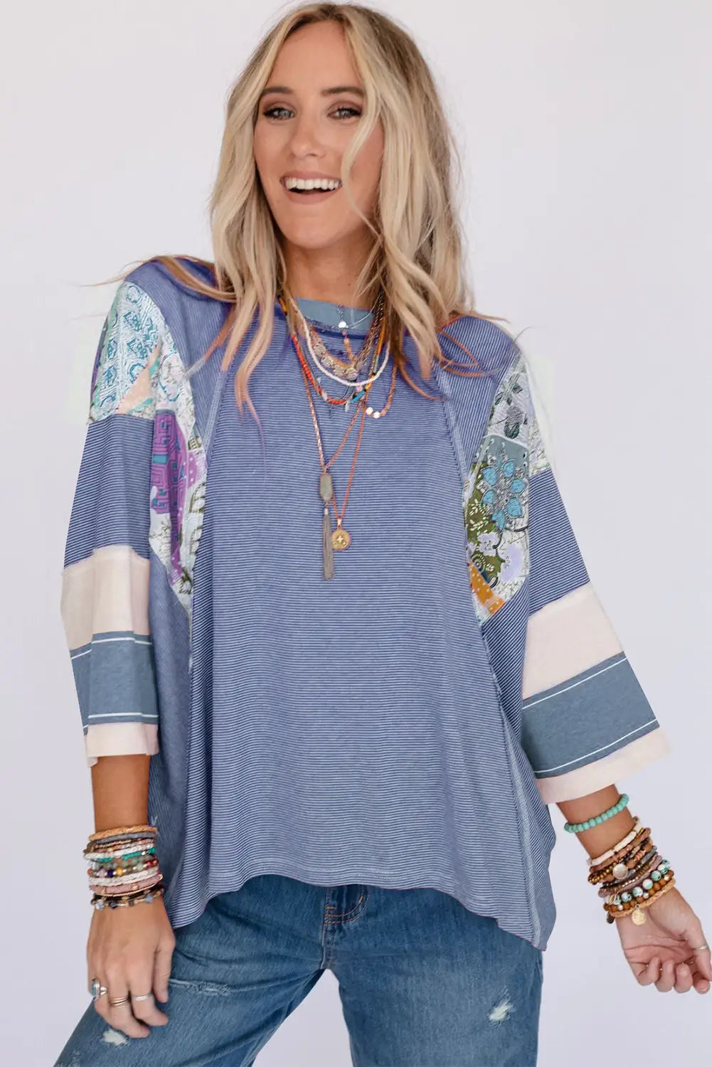 Sky blue printed pinstriped color block patchwork oversized top - long sleeve tops